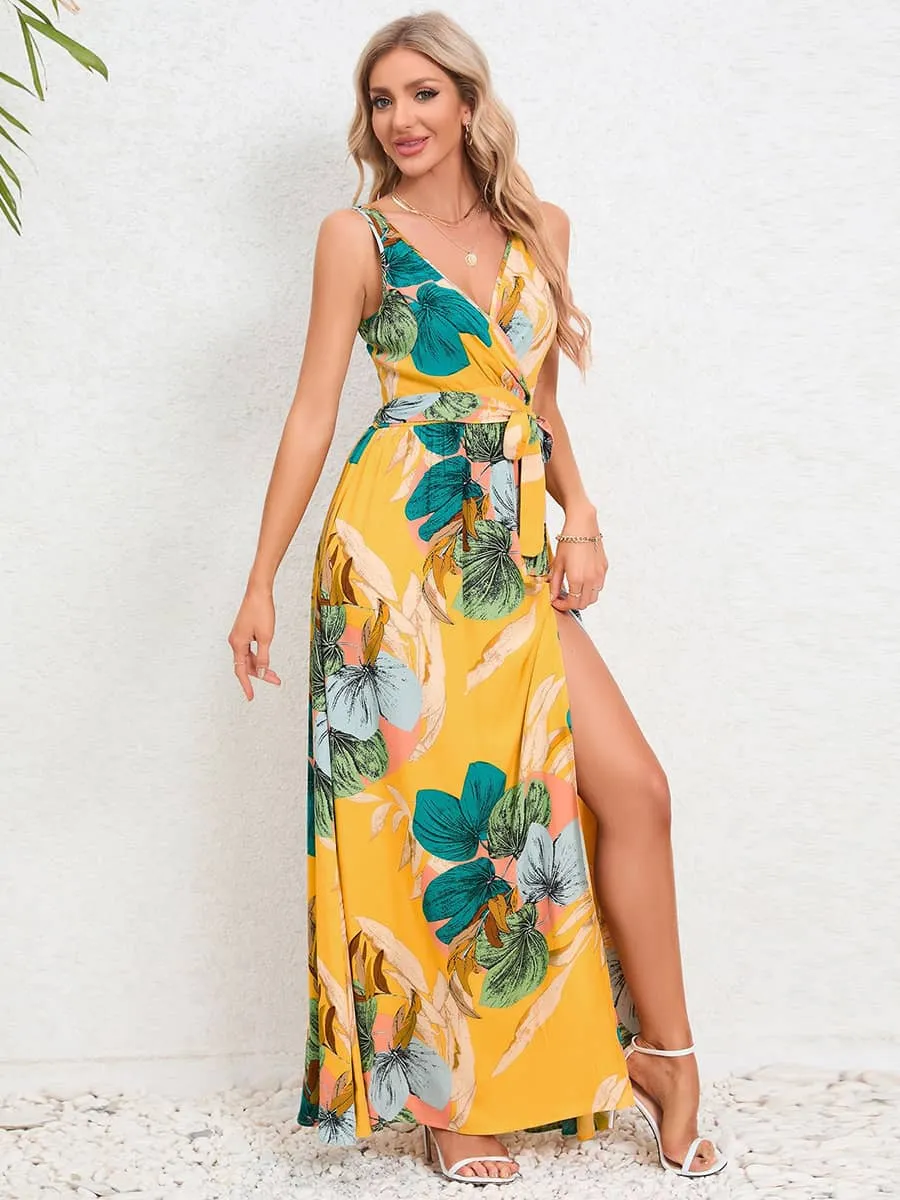 V-neck sleeveless slit printed long slip dress