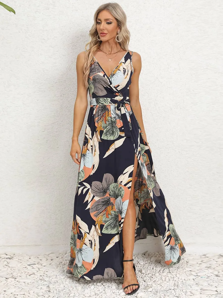 V-neck sleeveless slit printed long slip dress