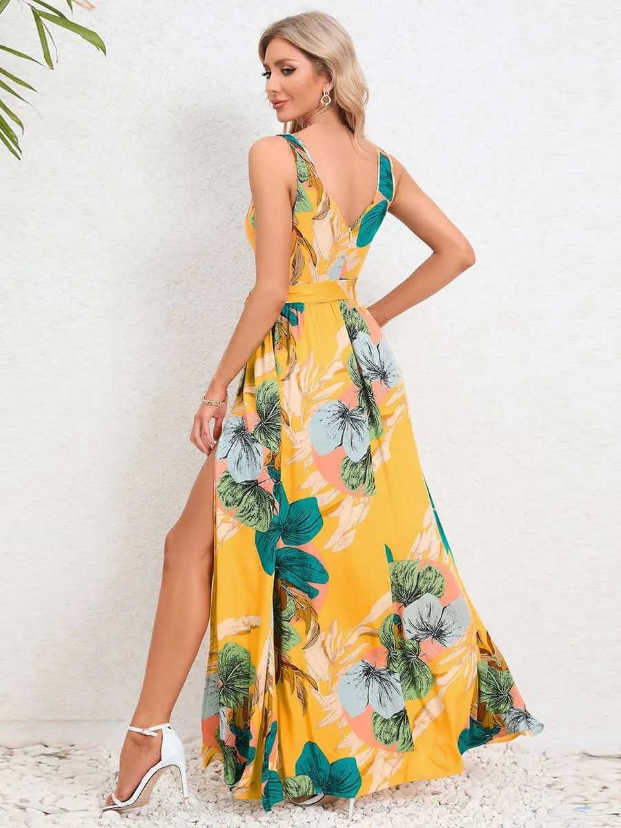 V-neck sleeveless slit printed long slip dress