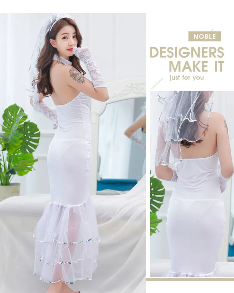 VenusFox Sexy Mesh Wedding Erotic Lingerie Halter Dress Veil Mesh Ruffle Bride Costumes Bridal Lingerie Cosplay Uniform Clothing BABYDOLL