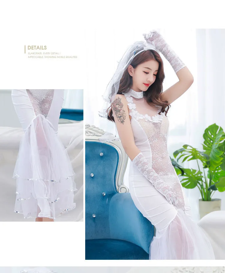 VenusFox Sexy Mesh Wedding Erotic Lingerie Halter Dress Veil Mesh Ruffle Bride Costumes Bridal Lingerie Cosplay Uniform Clothing BABYDOLL