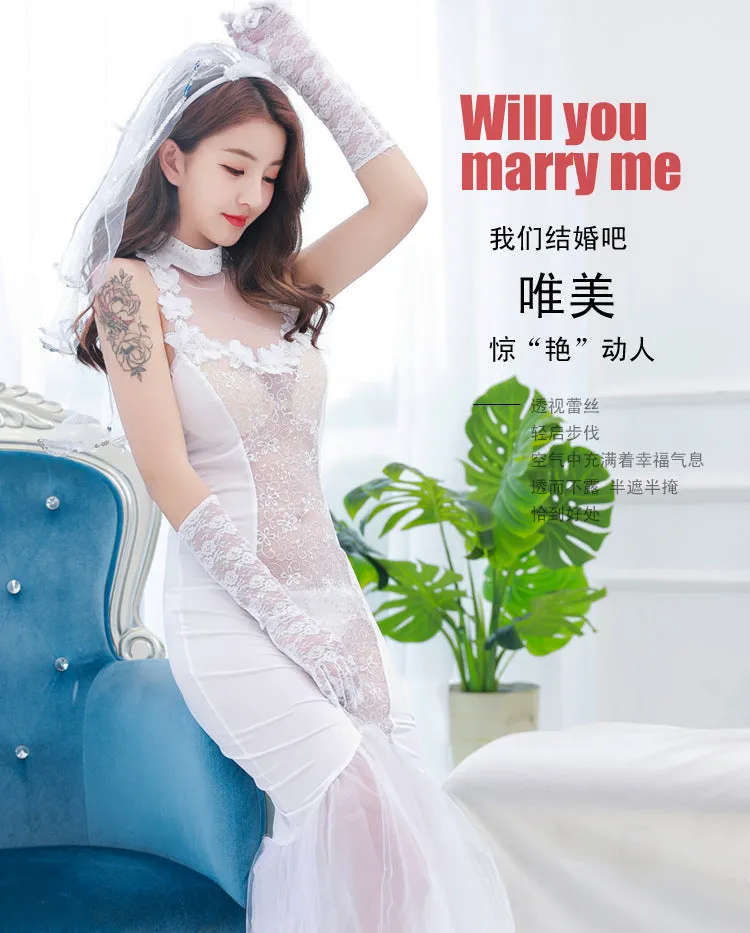 VenusFox Sexy Mesh Wedding Erotic Lingerie Halter Dress Veil Mesh Ruffle Bride Costumes Bridal Lingerie Cosplay Uniform Clothing BABYDOLL