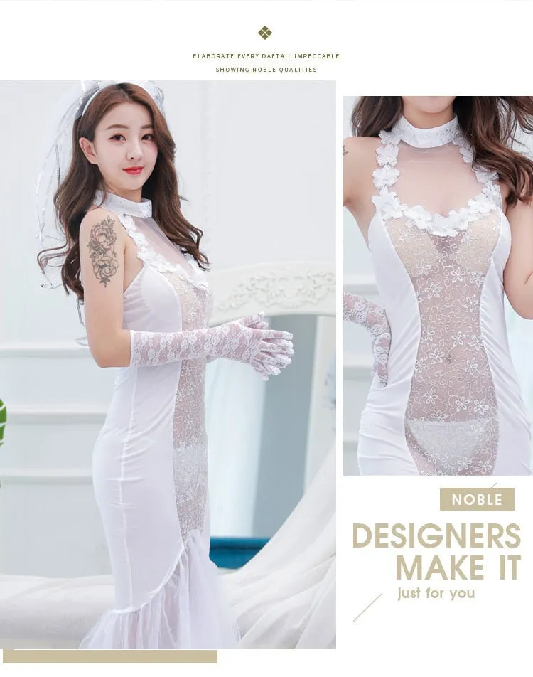 VenusFox Sexy Mesh Wedding Erotic Lingerie Halter Dress Veil Mesh Ruffle Bride Costumes Bridal Lingerie Cosplay Uniform Clothing BABYDOLL