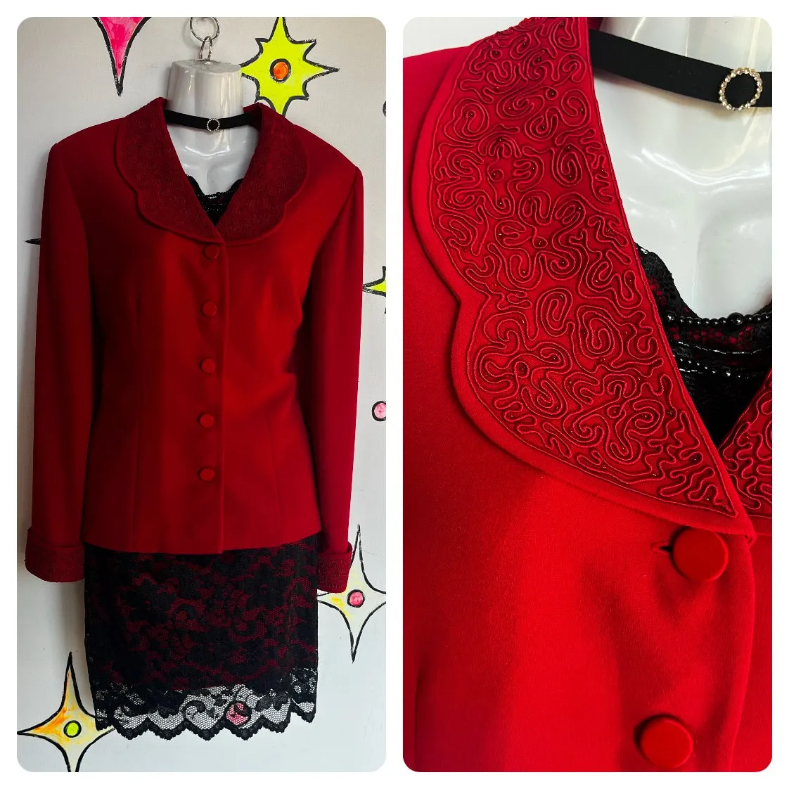 Vintage 90s | Red Embellished Goth Grunge Punk Pirate Jacket Blazer | Size 10