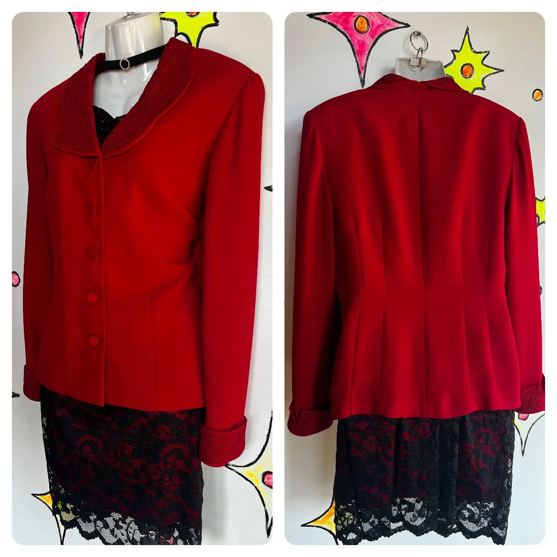 Vintage 90s | Red Embellished Goth Grunge Punk Pirate Jacket Blazer | Size 10