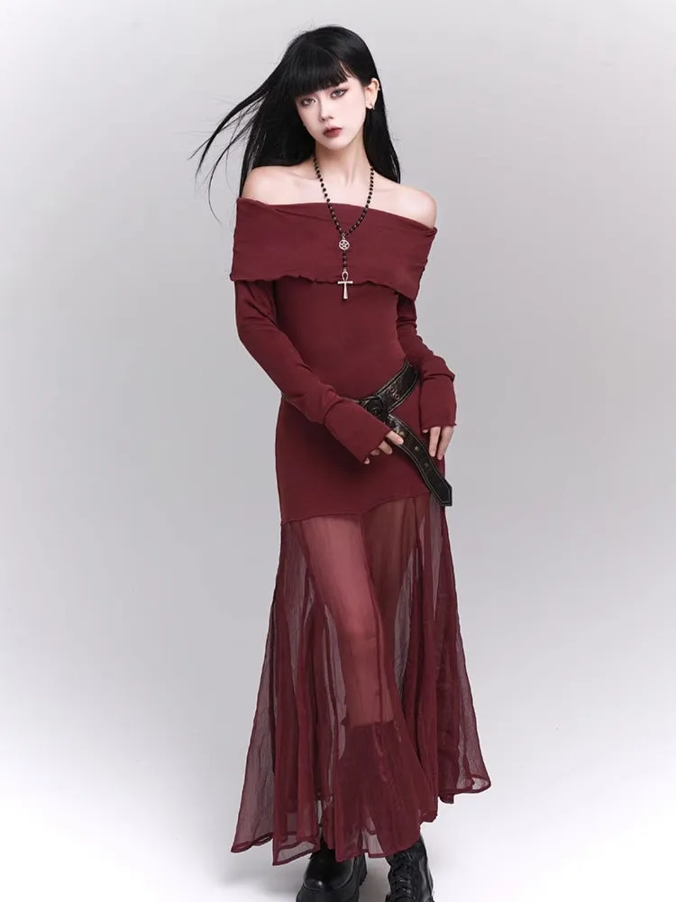 Wine Red Semi-sheer Off-the-shoulder Neckline Glamorous Dress