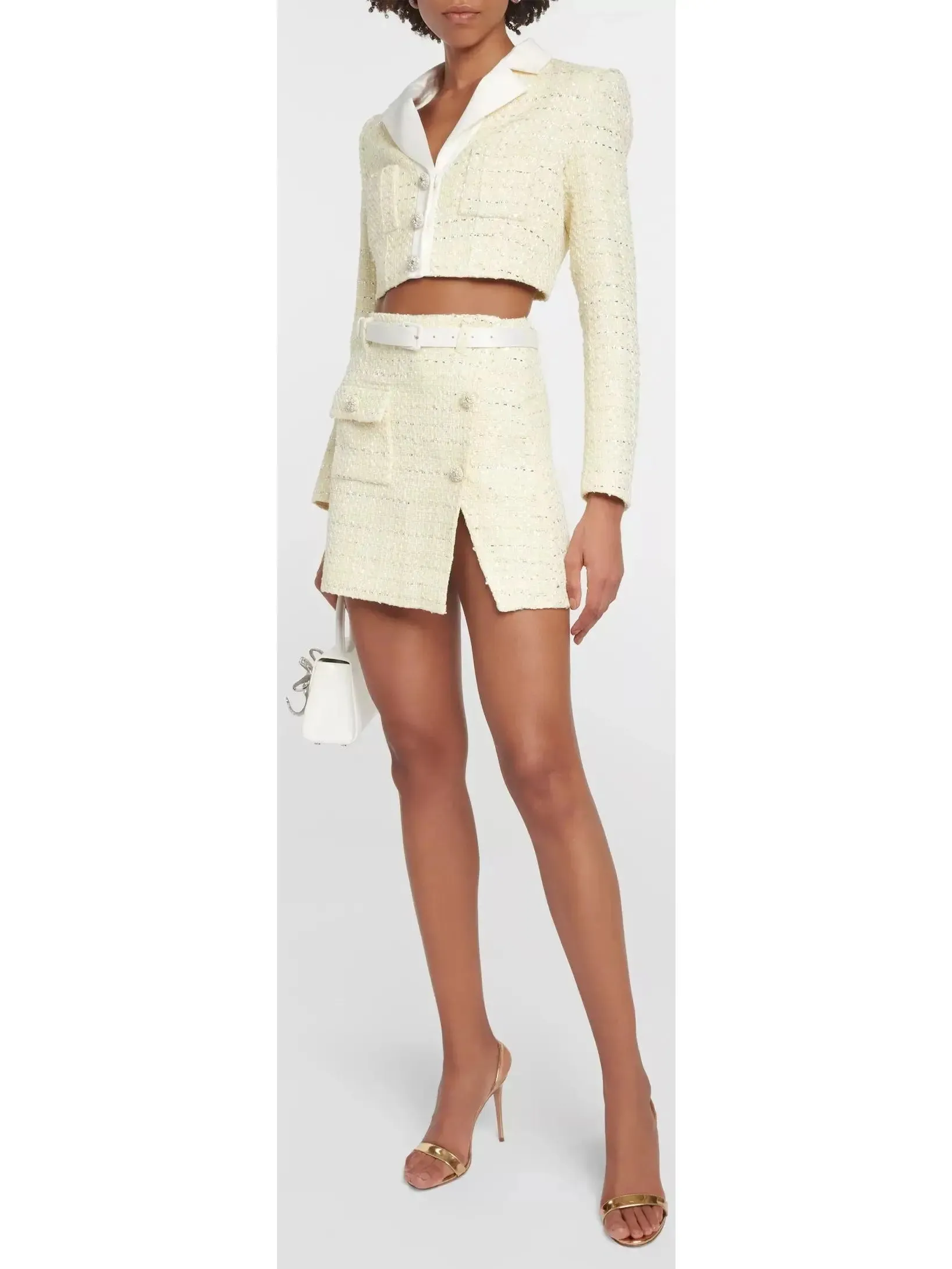 Women’s Cropped Bouclé Jacket and Belted Mini Skirt Set