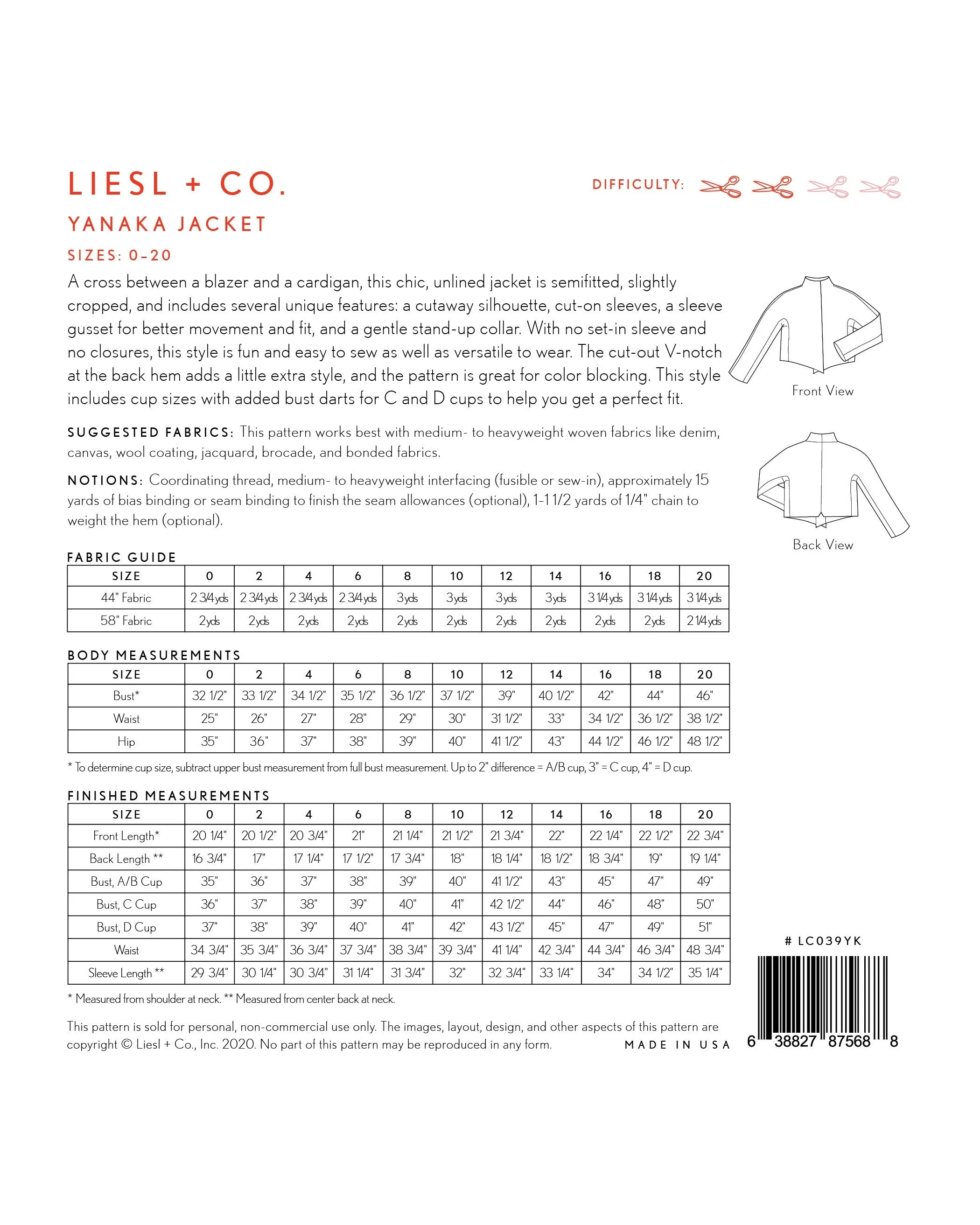 Yanaka Jacket Sizes 0 - 20 Sewing Pattern by Liesl Gibson of Liesl and Co.